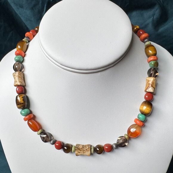 Vintage CAROLYN POLLACK Beaded Gemstone Necklace Sterling Silver 925 Southwest - Picture 13 of 17